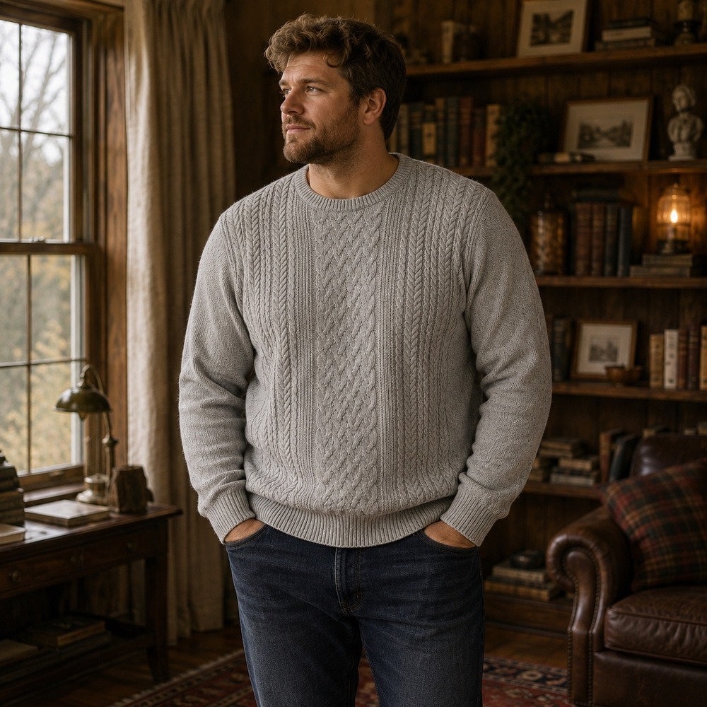 Roundtree & Yorke Mens 2XT Tall Silver Gray Cable Knit Crew Neck Sweater